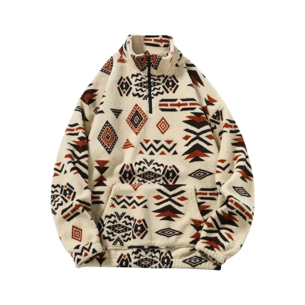 Design Fleece Half-Zip Pullover Beige Tribal Print Sweater - 1