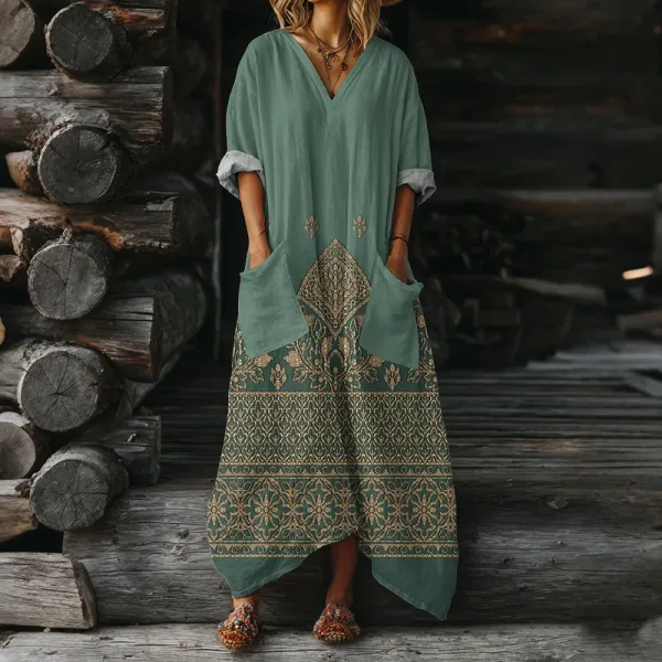 Design Bohemian Embroidered V-Neck Maxi Dress Green - 1