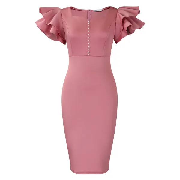 Design Metamorphosis Girl Ruffled Sleeve Pearl-Button Midi Dress Pink Dress - 1