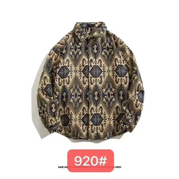 Design Aztec Print Long-Sleeve Button-Up Shirt Black White Tops Shirt - 26