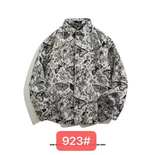 Design Aztec Print Long-Sleeve Button-Up Shirt Black White Tops Shirt - 29