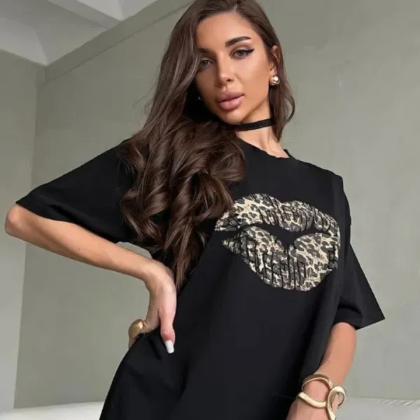 Design Leopard Print Lip Graphic Oversized T-Shirt Black T-Shirts - 1
