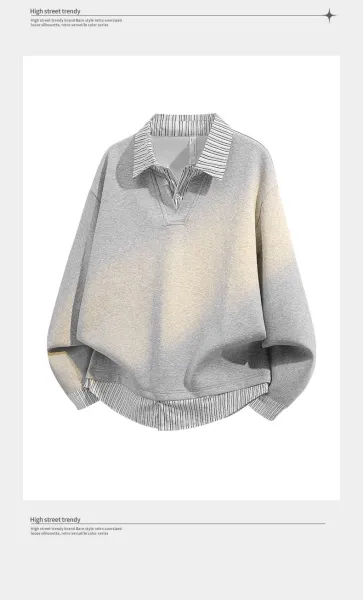 Design Layered Collar Oversized Sweatshirt Gray Sweater - 11