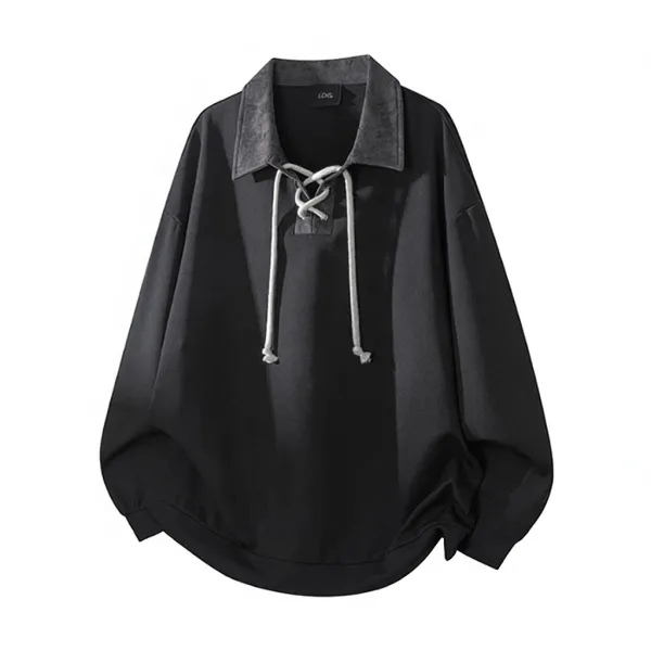 Design Long Lace-Up Collar Shirt Black Shirt - 1