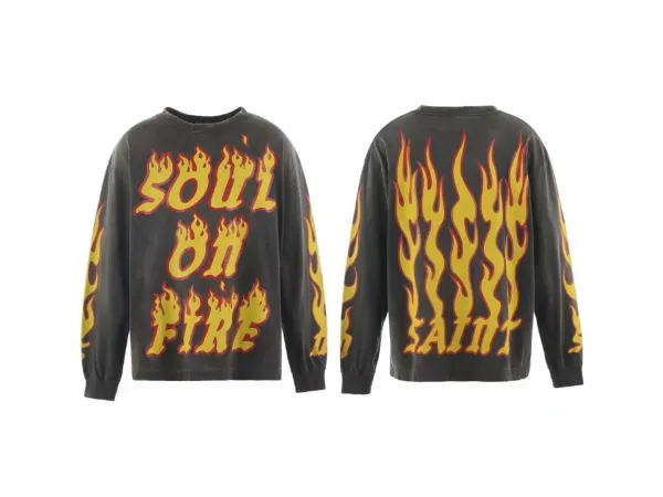 Saint Laurent Soul On Fire Flame Print Long Sleeve Tee Black T-Shirts - 1