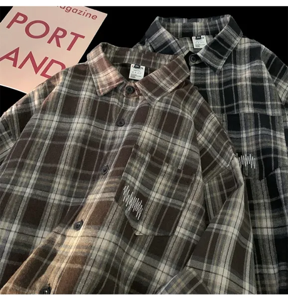 Design Flannel Shirt Brown Gray Plaid Shirt - 18
