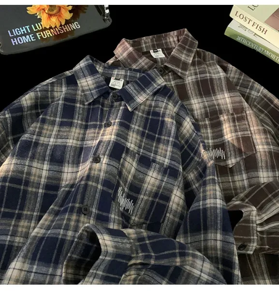 Design Flannel Shirt Brown Gray Plaid Shirt - 21
