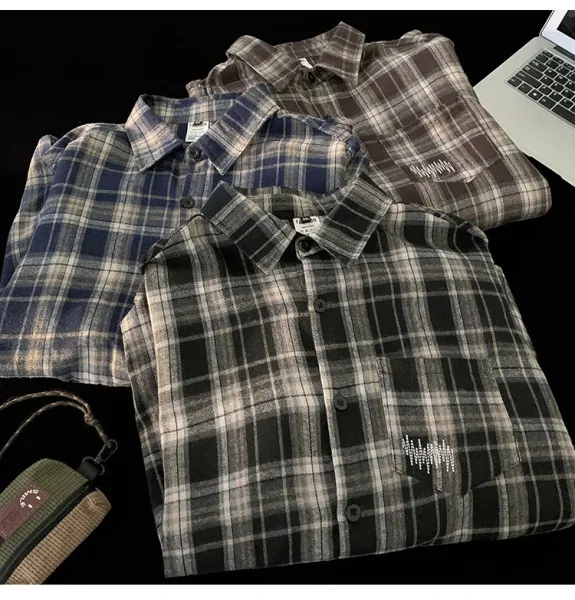 Design Flannel Shirt Brown Gray Plaid Shirt - 22