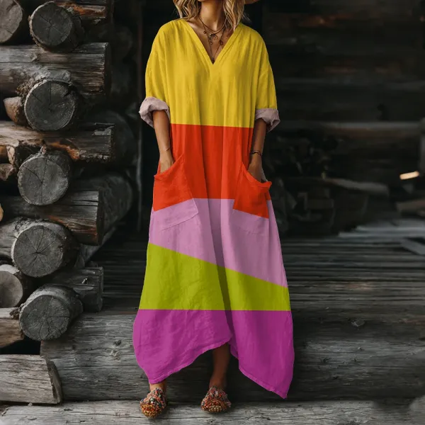 Design Colorblock V-Neck Maxi Dress Multicolor - 1