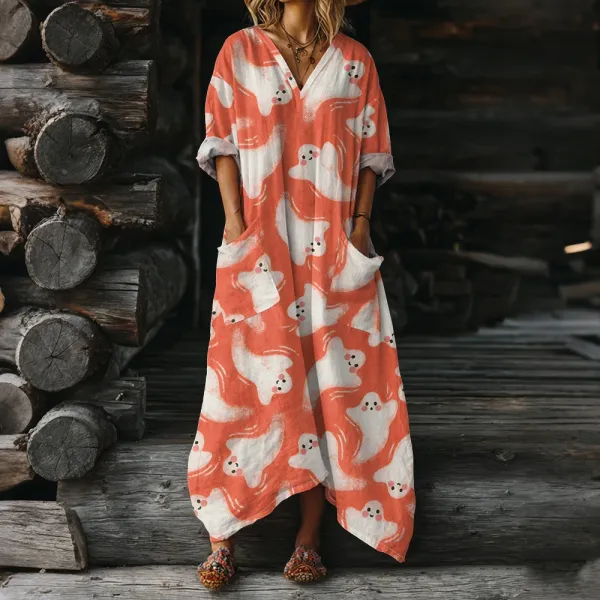 Design Ghost Print Orange V-Neck Maxi Dress - 1