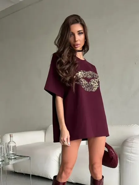 Design Leopard Print Lips Graphic Oversized T-Shirt Gray T-Shirts - 24