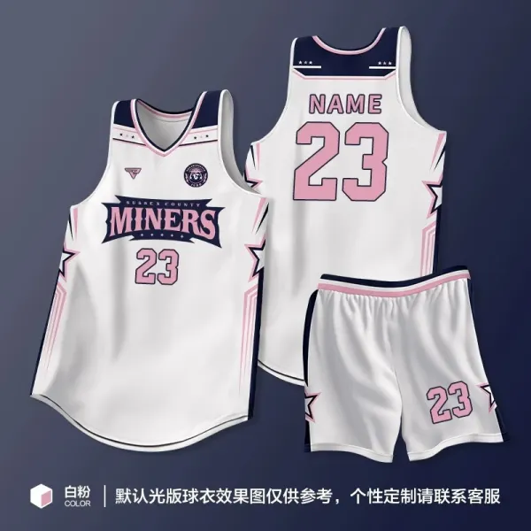 Design Custom Basketball Jersey Set White Pink Navy Jersey - 1