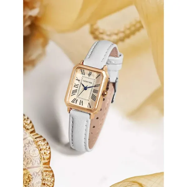Design Lucky Fox Square Dial Leather Strap Watch White Watches - 1