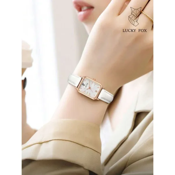 Design Lucky Fox Rectangular White Leather Watch Rose Gold Watches - 1