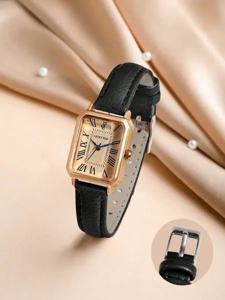 Design Lucky Fox Square Dial Rose Gold Case Green Leather Strap Quartz Watch Watches - 6