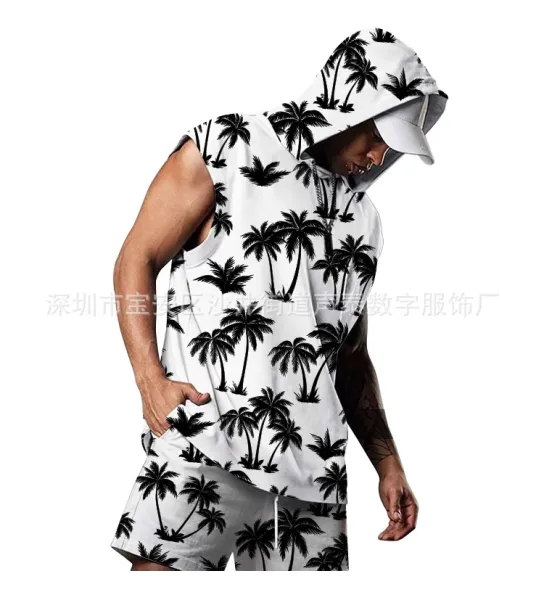 Design Palm Tree Print Sleeveless Hoodie Set White - 1