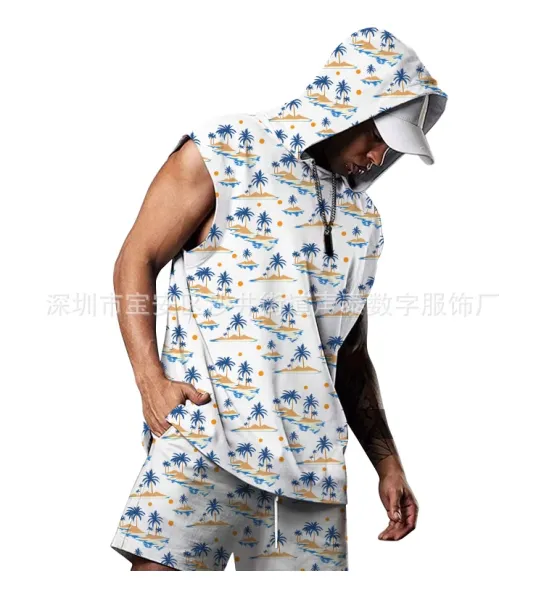 Design Tropical Palm Print Sleeveless Hooded Vest and Shorts Set White - 1