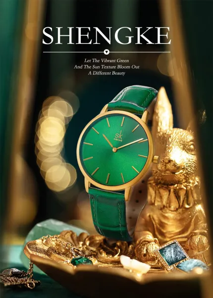 Design Shengke Minimalist Green Dial Gold Case Leather Strap Watch Watches - 3