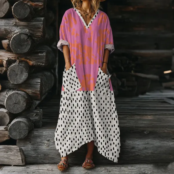 Design Abstract Print V-Neck Patchwork Maxi Dress Multicolor - 1