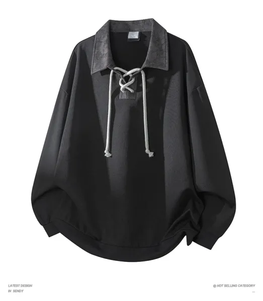 Design Long Lace-Up Collar Shirt Black Shirt - 11