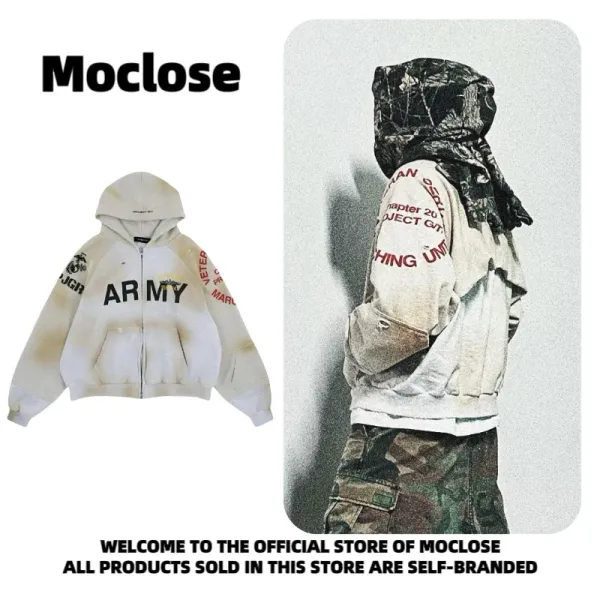 Design Moclose Army Distressed Zip-Up Hoodie Beige Hoodie - 7