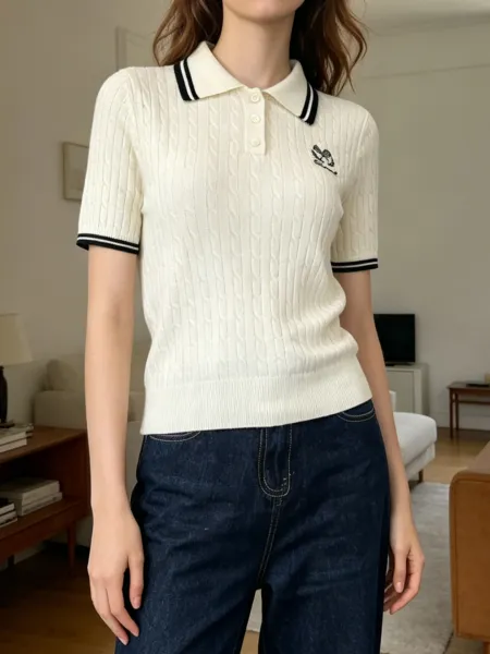 Fred Perry Cable Knit Polo Cream with Tennis Embroidery Tops Polo - 5