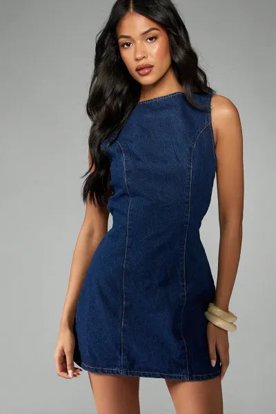 Design Denim Mini Dress in Classic Indigo Blue Dress - 8
