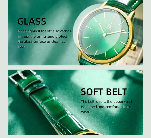 Design Shengke Minimalist Green Dial Gold Case Leather Strap Watch Watches - 9