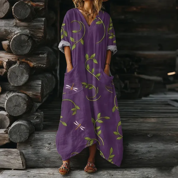 Design Floral Dragonfly Print Purple Maxi Dress - 1
