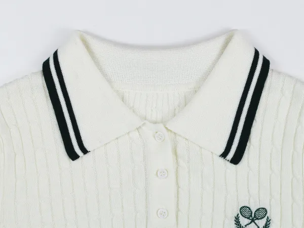 Fred Perry Cable Knit Polo Cream with Tennis Embroidery Tops Polo - 7