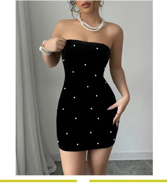 Design Black Velvet Pearl-Embellished Strapless Mini Dress - 5