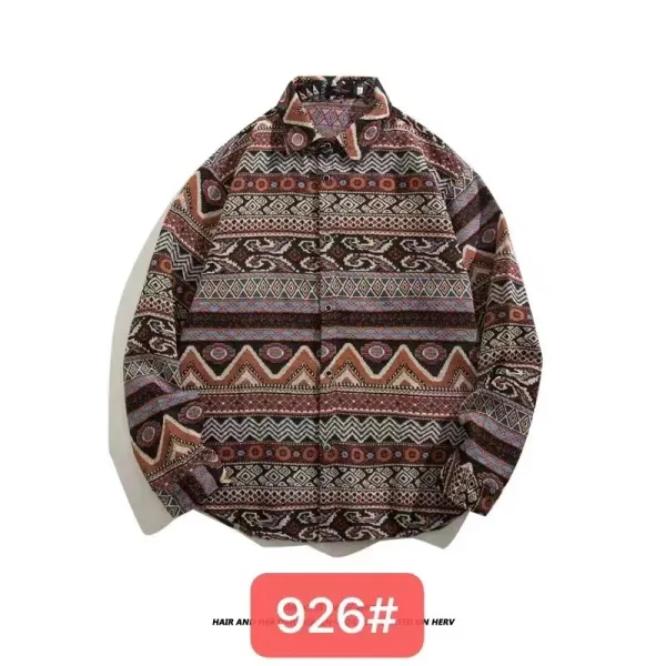 Design Aztec Print Long-Sleeve Button-Up Shirt Black White Tops Shirt - 31