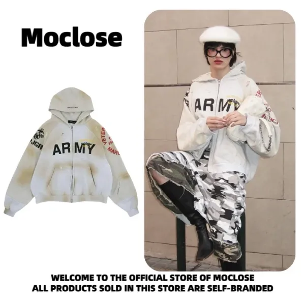 Design Moclose Army Distressed Zip-Up Hoodie Beige Hoodie - 12