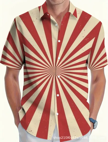 Design Sunburst Ray Pattern Red and Beige Short-Sleeve Button-Up Shirt - 1