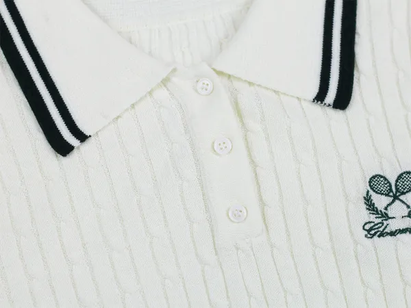 Fred Perry Cable Knit Polo Cream with Tennis Embroidery Tops Polo - 11