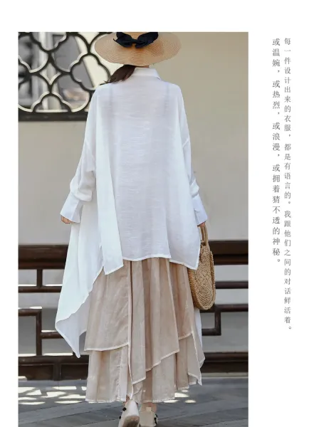 Design Oversized Linen Shirt White + Tiered Skirt Beige + Straw Hat + Woven Bag Handbag - 12