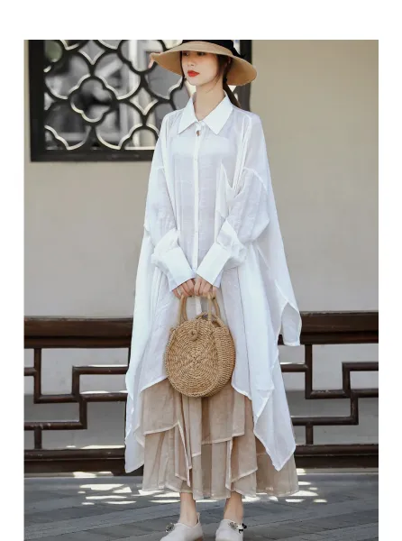 Design Oversized Linen Shirt White + Tiered Skirt Beige + Straw Hat + Woven Bag Handbag - 14