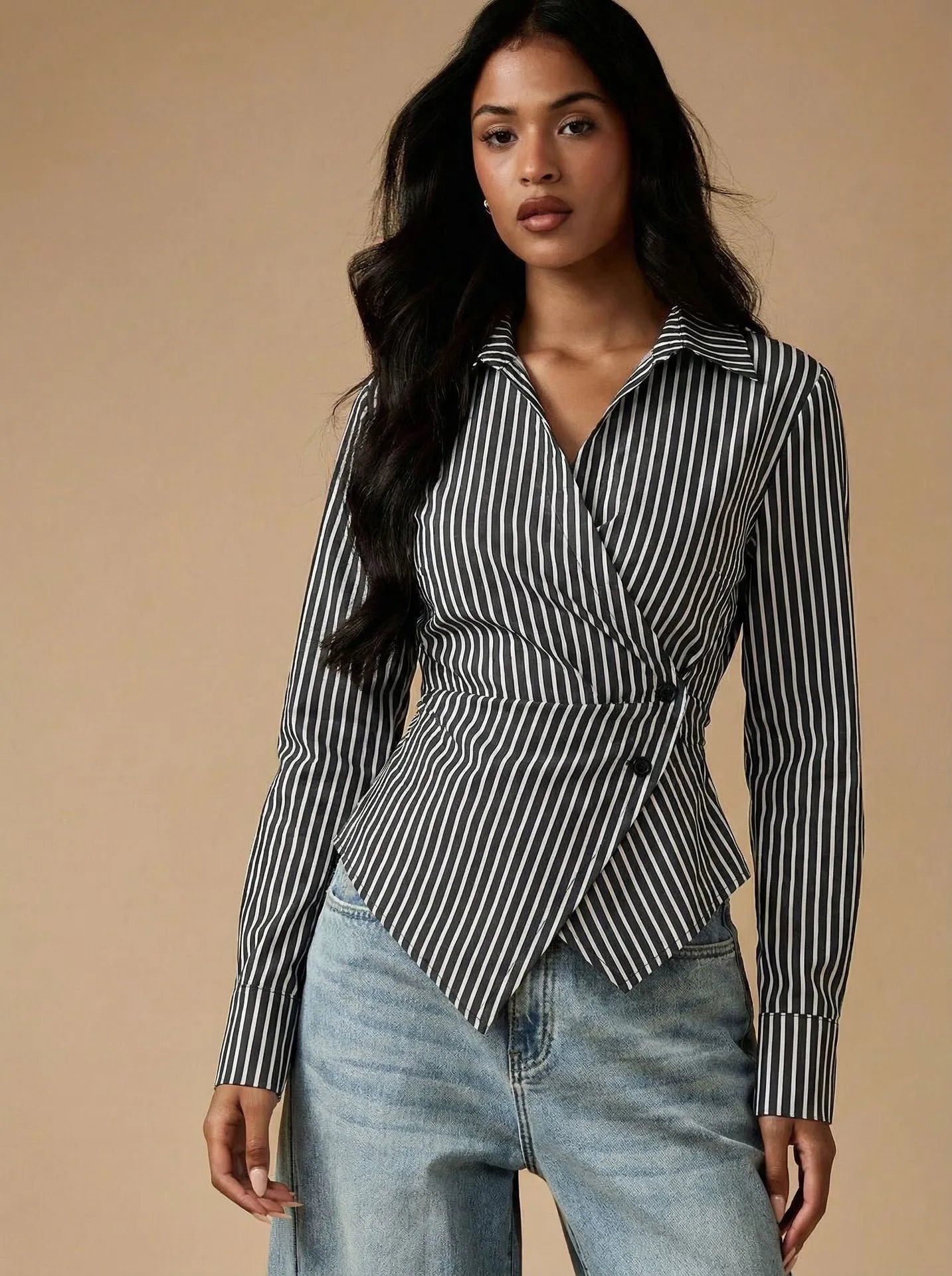 Design Striped Asymmetrical Wrap Shirt Black and White Tops Shirt - 16