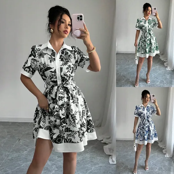 Design Floral Print Shirt Dress in White and Green - 3