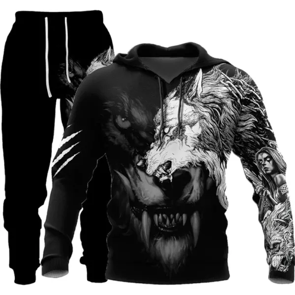 Design Wolf Graphic Hoodie and Sweatpants Set Black - 1