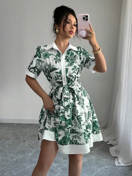 Design Floral Print Shirt Dress in White and Green - 9