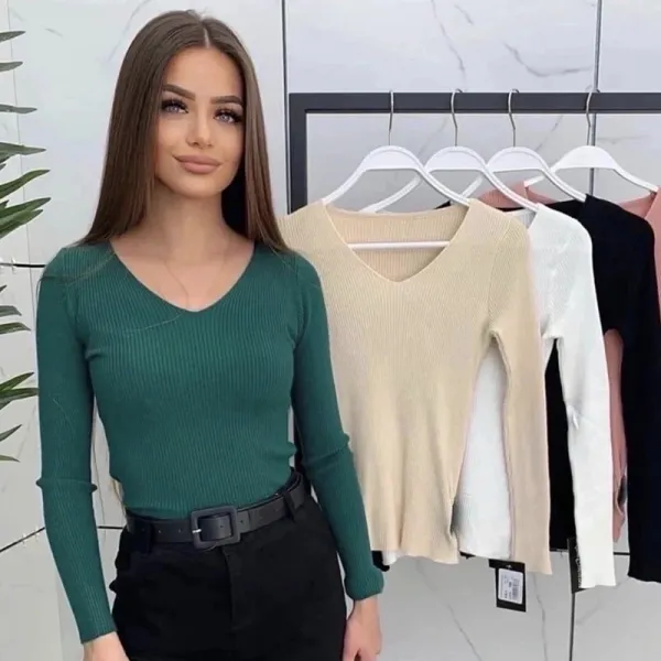 Design Ribbed V-Neck Long Sleeve Top in Emerald Green - 1