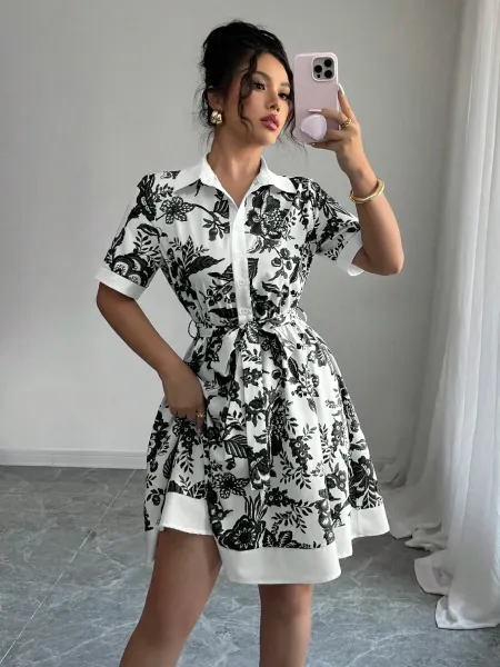 Design Floral Print Shirt Dress in White and Green - 13