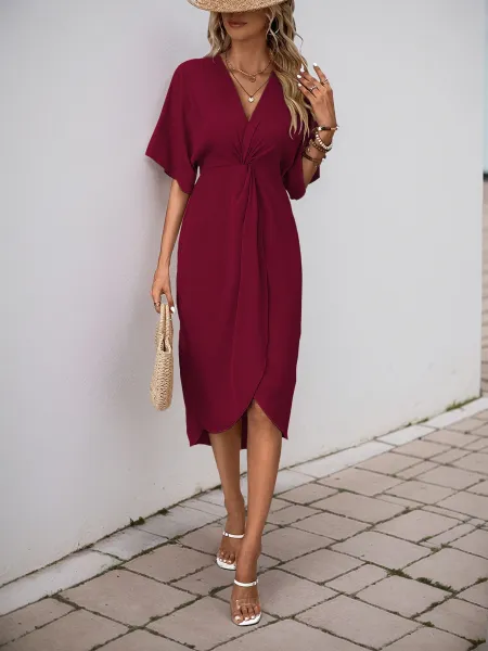 Design Wrap Front V-Neck Midi Dress Burgundy - 16