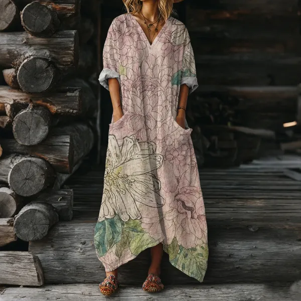 Design Floral Print V-Neck Maxi Dress in Pink and Green - 1