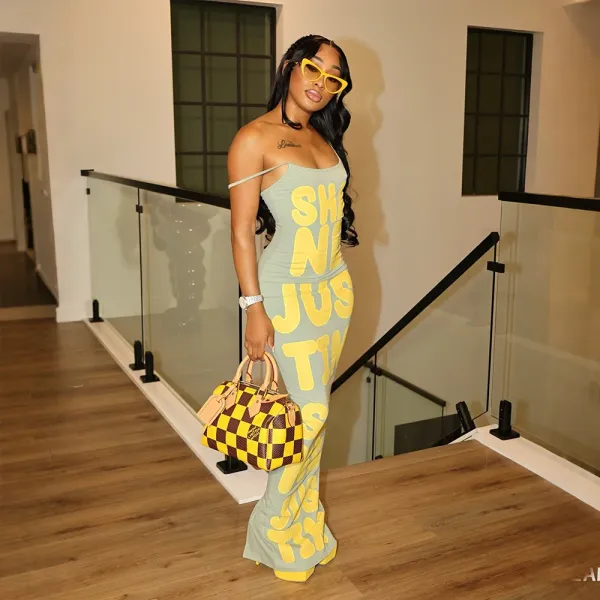 Design Graphic Print Beige Maxi Dress with 'SHANE JUSTIN' Typography - 23