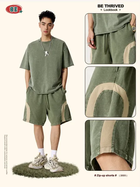 Design BE Thrived Army Green-Khaki Patchwork Shorts - 13