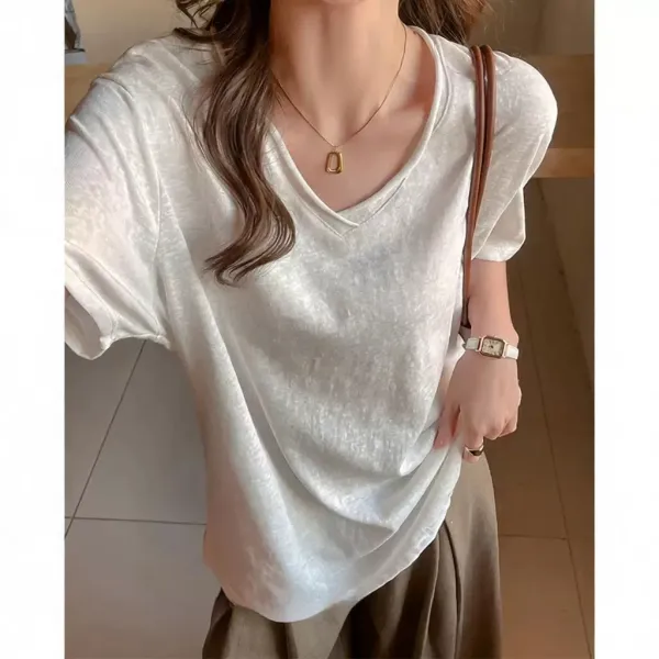 Design V-Neck Crinkle Texture T-Shirt White - 1