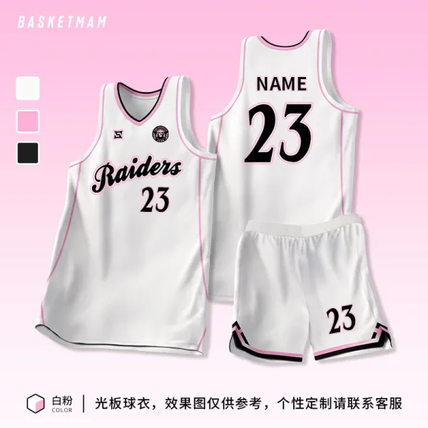 Design Custom Raiders Basketball Jersey Set White Pink Trim Activewear - 1