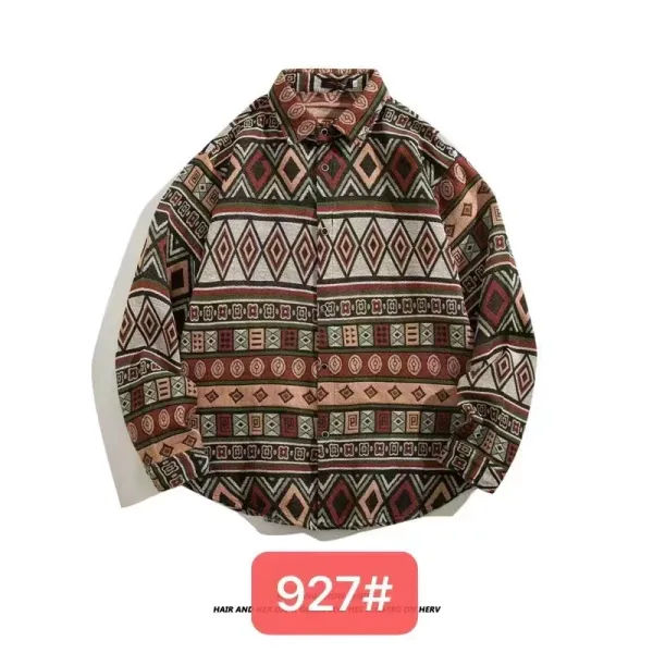 Design Aztec Print Long-Sleeve Button-Up Shirt Black White Tops Shirt - 32